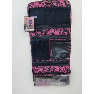 NWT Nicole Miller Hanging Cosmetic Bag Black Fuchsia Floral Print Travel Bottles